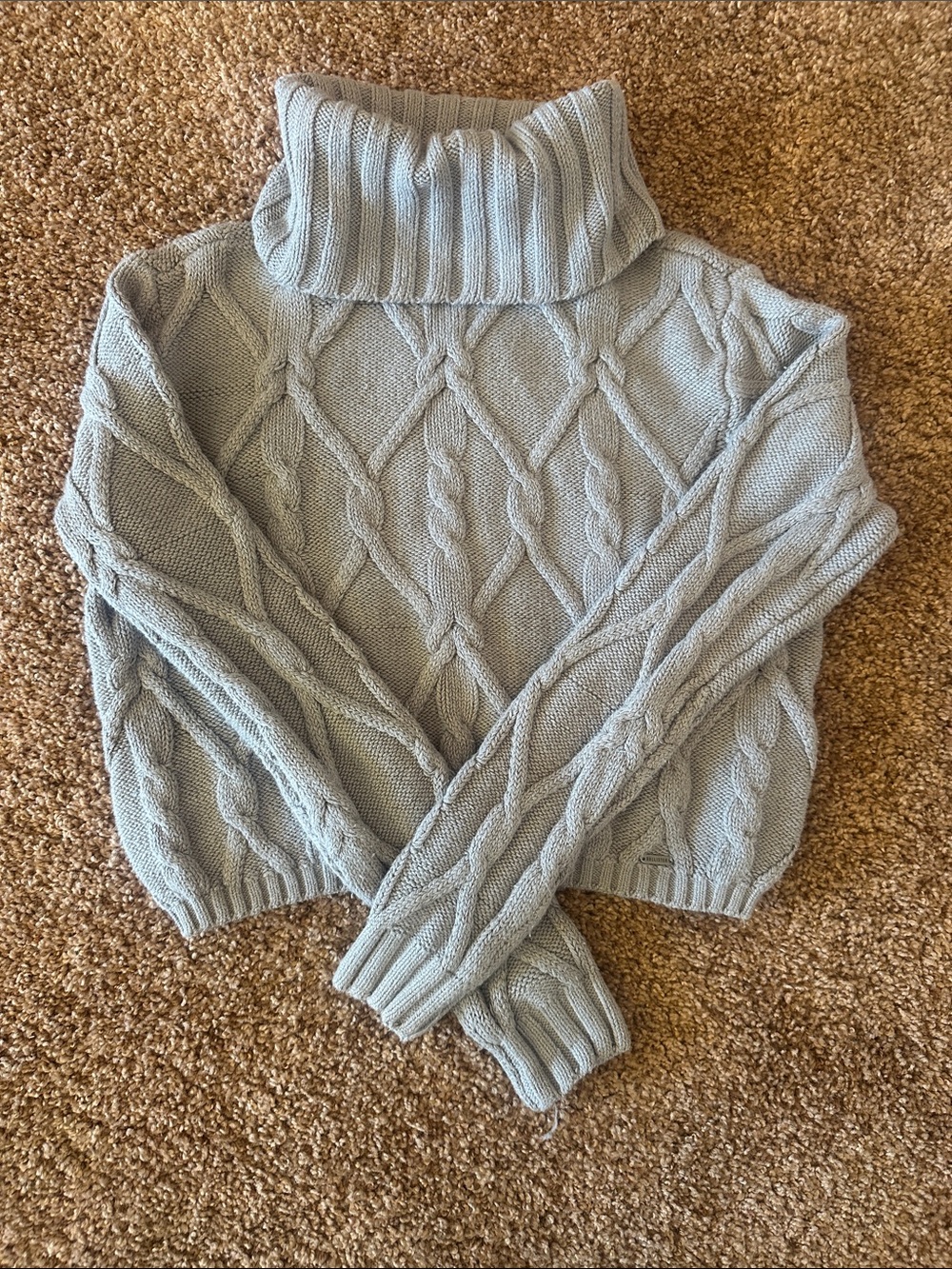 Hollister Light Gray/Green Tint Cable Knit Turtleneck Sweater